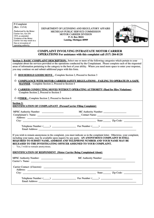 Form P-Complaint - Complaint Involving Intrastate Motor Carrier Operations Printable pdf