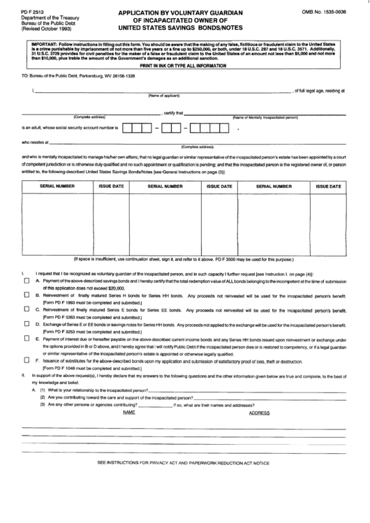 Form Pd F 2513 - Application By Voluntary Guardian Of Incapacitated Owner Of United States Savings Bonds/notes Printable pdf