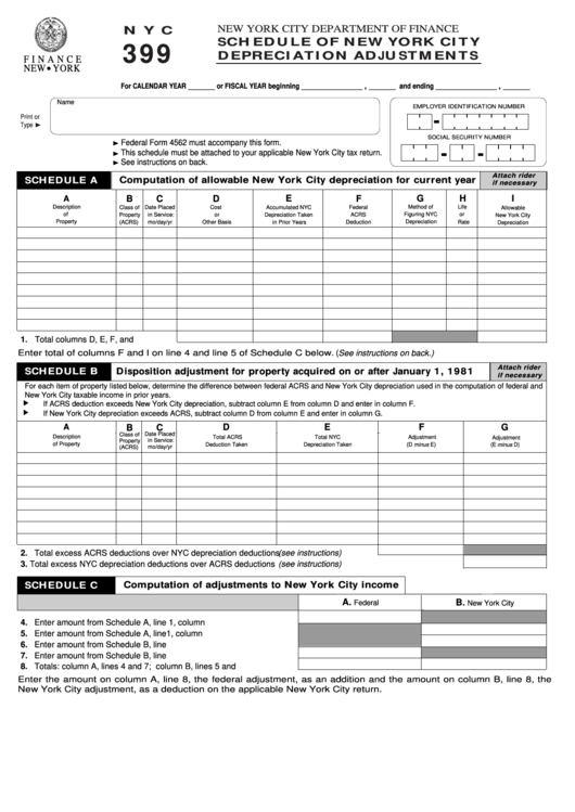 Form Nyc399 - Schedule Of New York City Depreciation Adjustments Printable pdf