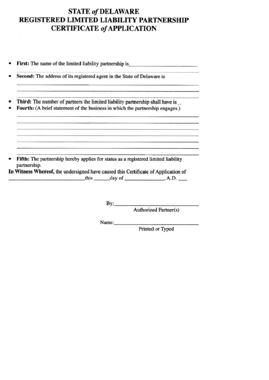 Registered Limited Liability Partnership - Certificate Of Application - State Of Delaware Printable pdf