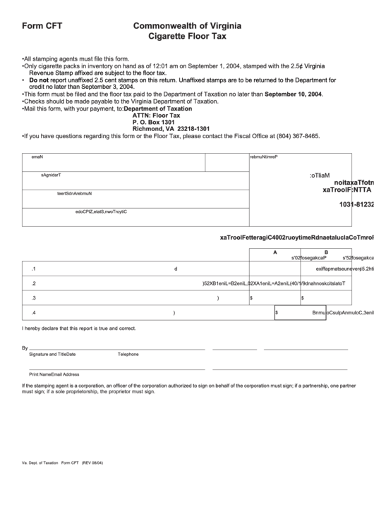 Form Cft - Cigarette Floor Tax - Commonwealth Of Virginia Printable pdf
