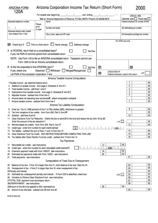 Arizona Form 120a - Arizona Corporation Income Tax Return (Short Form) - 2000 Printable pdf