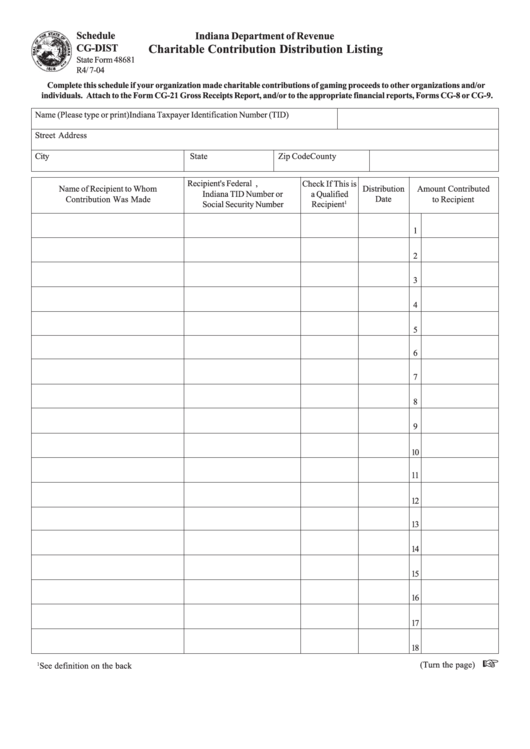 Schedule Cg-Dist - Form 48681 - Charitable Contribution Distribution Listing Printable pdf