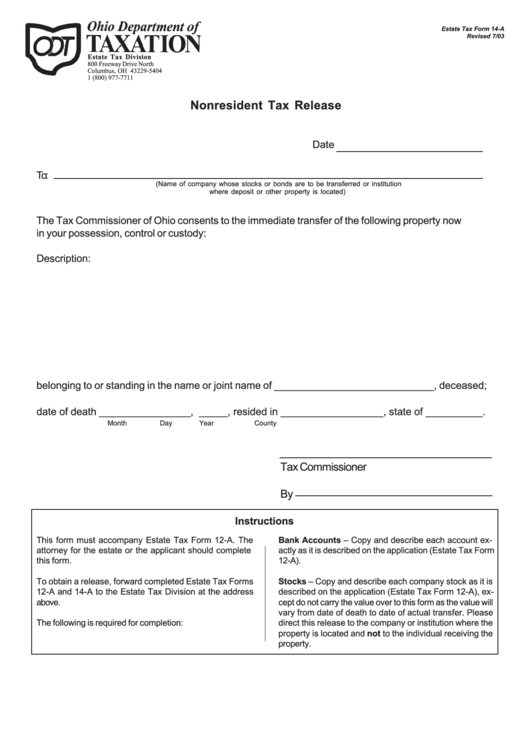 Fillable Form 14-A - Nonresident Tax Release - Ohio Department Of Taxation Printable pdf