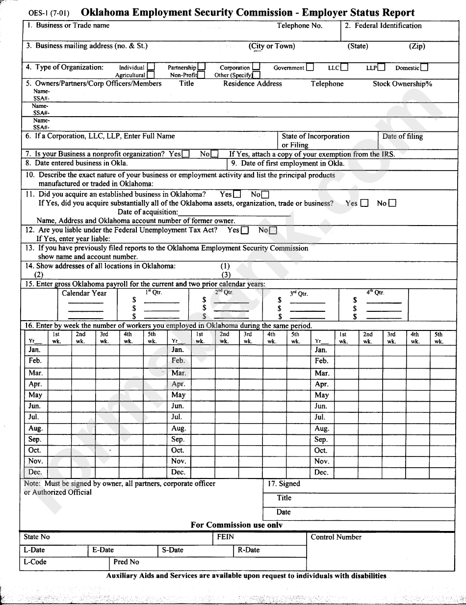Form Oes-1 - Employer Status Report - Oklahoma Employment Security Commission