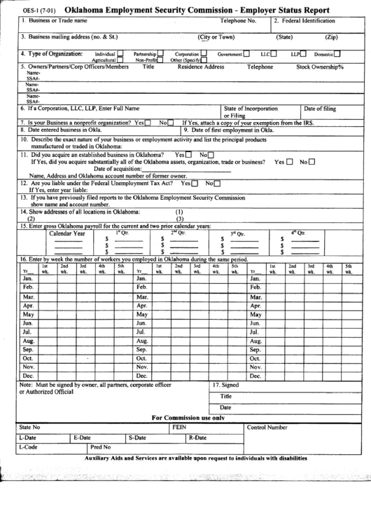 Form Oes-1 - Employer Status Report - Oklahoma Employment Security Commission Printable pdf