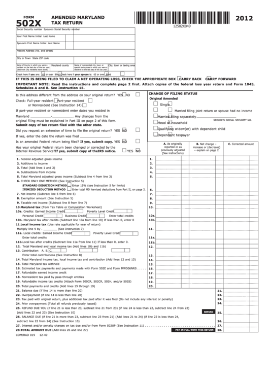 Fillable Form 502x - Amended Maryland Tax Return - 2012 Printable pdf