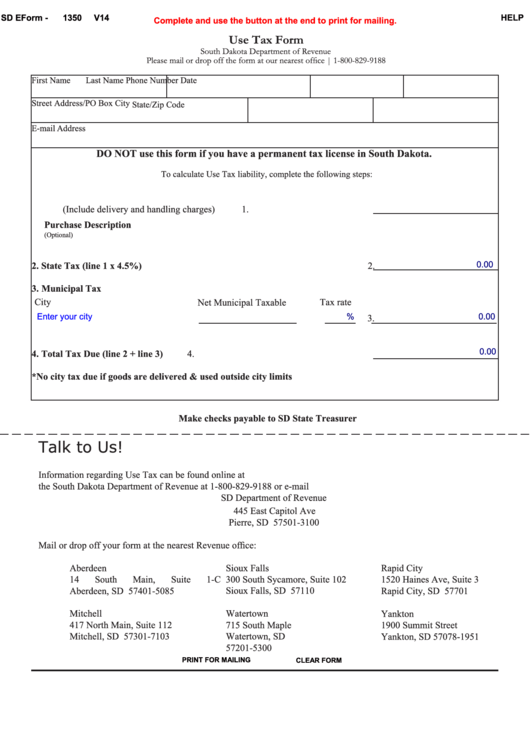 Fillable Form 1350 - Use Tax Form Printable pdf