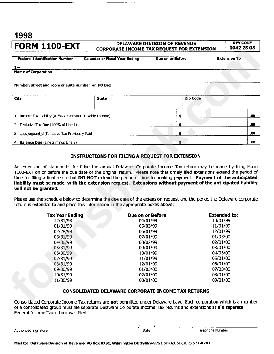 Form 1100-Ext - Corporate Income Tax Request For Extension - Delaware Division Of Revenue