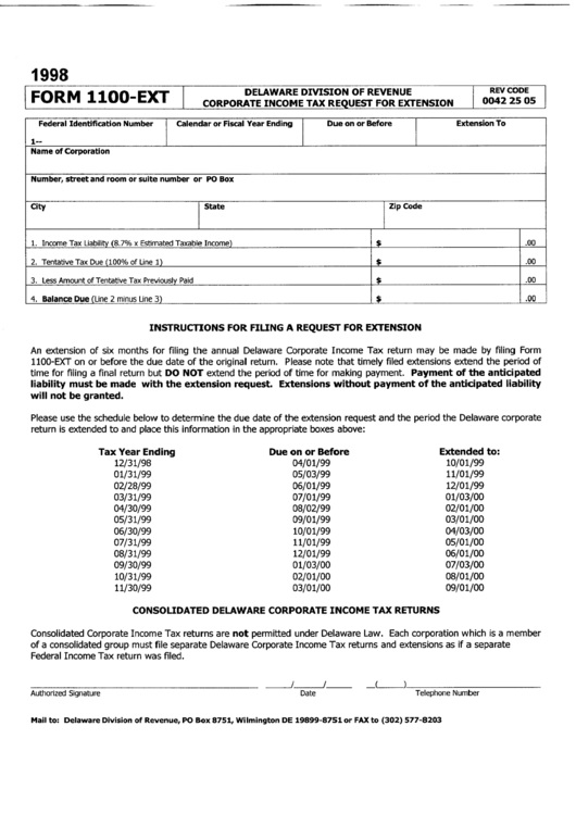 Form 1100-Ext - Corporate Income Tax Request For Extension - Delaware Division Of Revenue Printable pdf