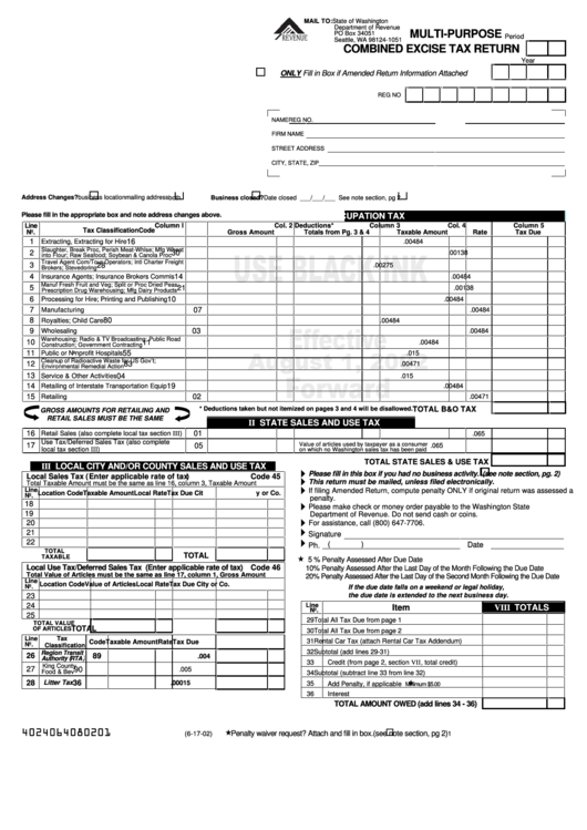 Multi-Purpose Combined Excise Tax Return Form - 2002 Printable pdf
