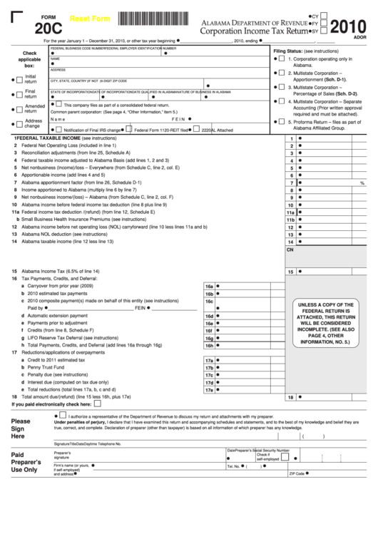 Fillable Form 20c - Corporation Income Tax Return - 2010 Printable pdf