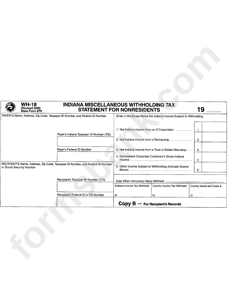 Form Wh-18 - Indiana Mescellaneous Withholding Tax Statement For Nonresident