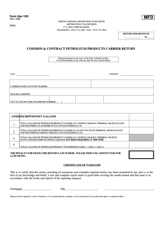 Form Gas 1301 - Common&contract Petroleum Products Carrier Return - State Of North Carolina Printable pdf