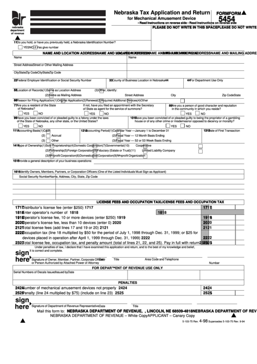 Fillable Form 54 - Nebraska Tax Application And Return For Mechanical Amusement Device Printable pdf