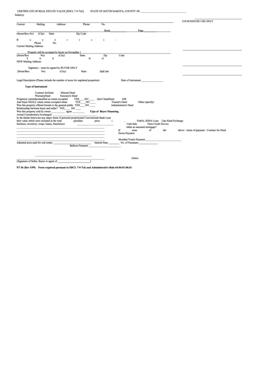Form Pt 56 - Certificate Of Real Estate Value [sdcl 7-9-7(4)] Printable pdf