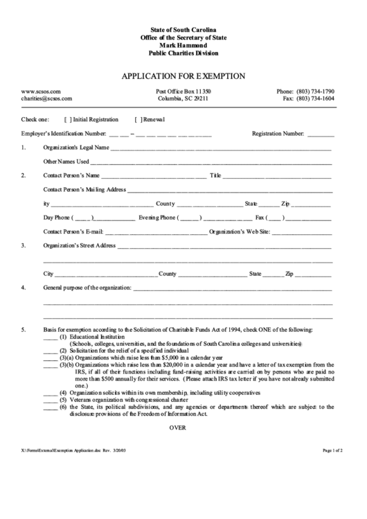 Application For Exemption - South Carolina Office Of The Secretary Of State Printable pdf