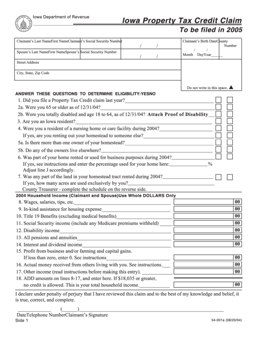 Fillable Form 54001 Iowa Property Tax Credit Claim 2005 printable