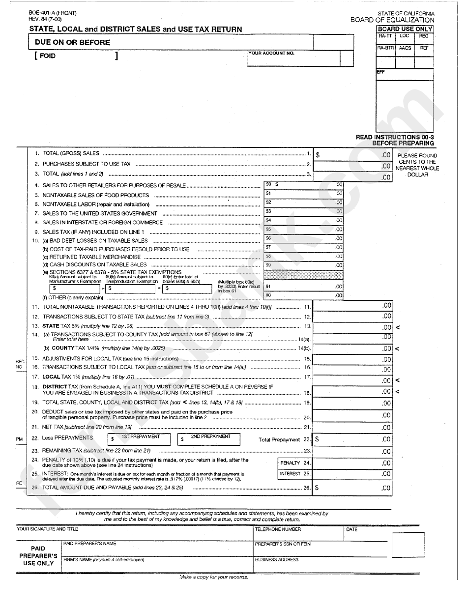 Form Boe-401-A - State, Local And District Sales And Use Tax Return