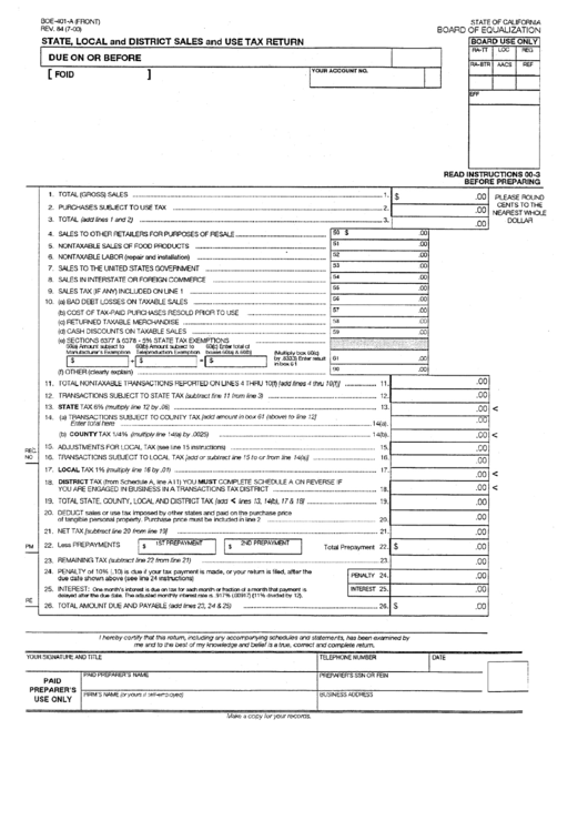 Form Boe-401-A - State, Local And District Sales And Use Tax Return Printable pdf