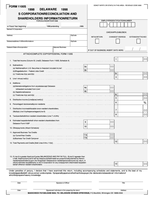 Fillable Form 1100s - S Corporation Reconciliation And Shareholders Information Return - 1998 Printable pdf