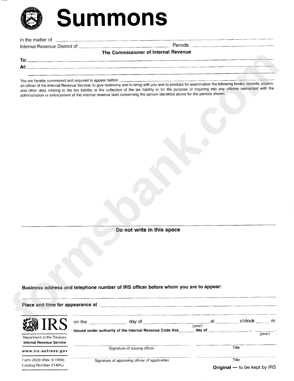 Form 2039 - Service Of Summons, Notice And Recordkeeper Certificates