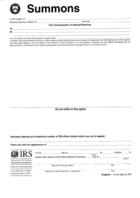 Form 2039 - Service Of Summons, Notice And Recordkeeper Certificates Printable pdf