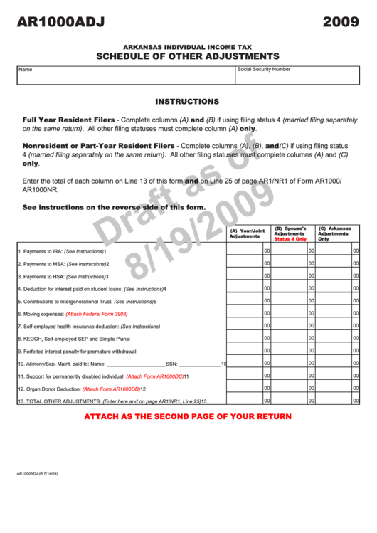 Form Ar1000adj Draft - Arkansas Individual Income Tax Schedule Of Other Adjustments - 2009 Printable pdf