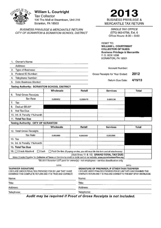 Business Privilege And Mercantile Tax Return - Scranton Tax Office - 2013 Printable pdf