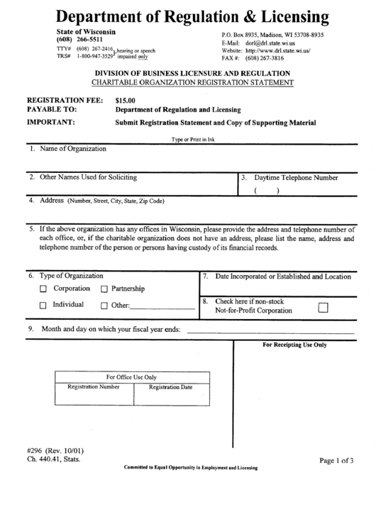 Charitable Organization Registration Statement - Wisconsin Department Of Regulation And Licensing Printable pdf