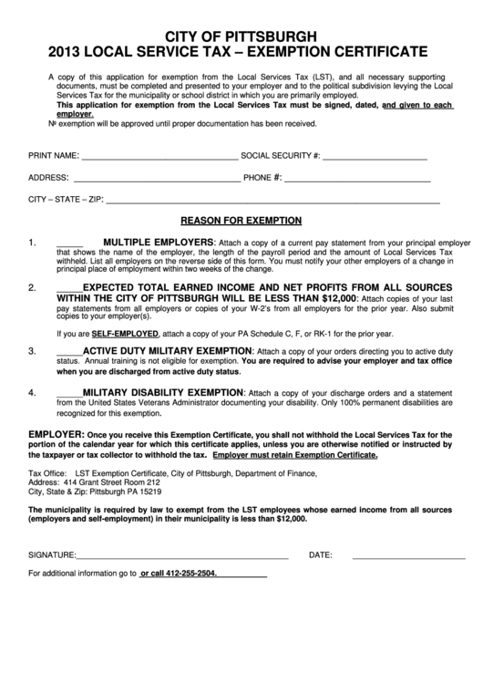 Local Service Tax - Exemption Certificate - City Of Pittsburgh - 2013 Printable pdf