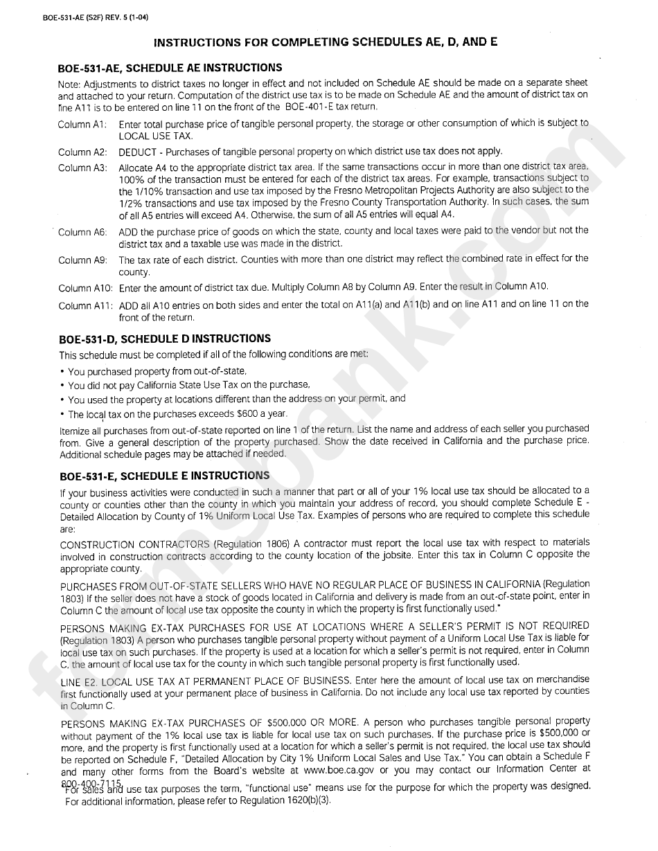 Form Boe-531-Ae - Instructions For Completing Schedules Ae, D, And E - Computation Of District Tax Due