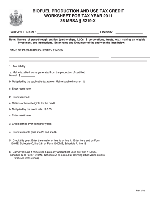 Biofuel Production And Use Tax Credit Worksheet For Tax Year 2011 Printable pdf