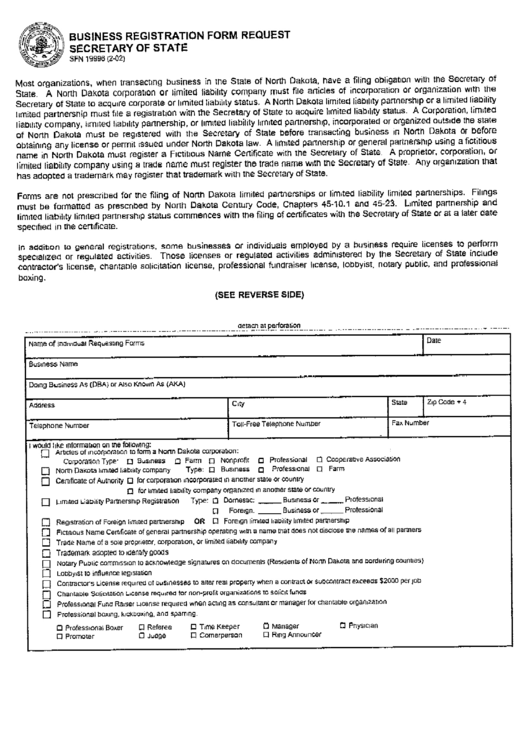 Business Registration Form Request - North Dakota Secretary Of State Printable pdf