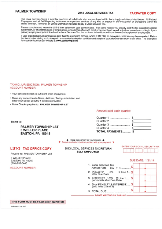 2013 Local Services Tax - Palmer Township Lst Printable pdf