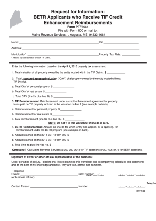 Form Ptf6664 - Request For Information: Betr Applicants Who Receive Tif Credit Enhancement Reimbursements Printable pdf