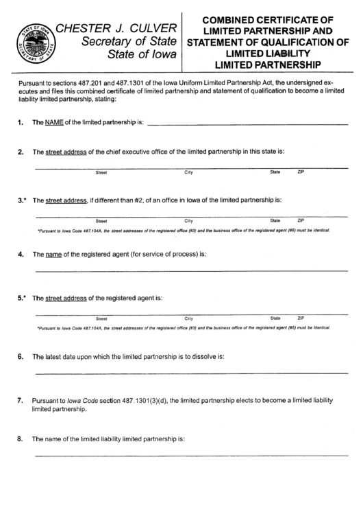 Combined Certificate Of Limited Partnership And Statement Of Qualification Of Limited Liability Limited Partnership - Iowa Secretary Of State Printable pdf