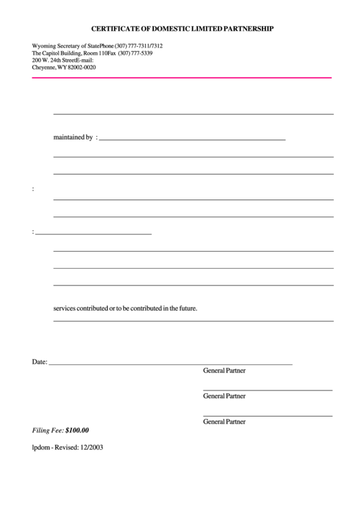 Certificate Of Domestic Limited Partnership Form - 2003 Printable pdf