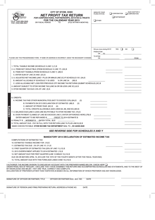 Net Profit Tax Return Form - City Of Stow, Ohio - 2013 printable pdf ...