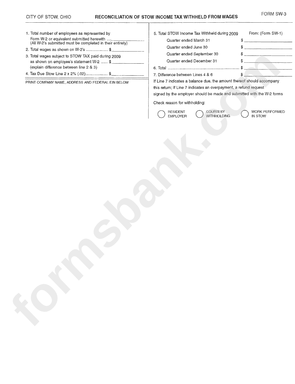 Form Sw-3 - Reconciliation Of Stow Income Tax Withheld From Wages - State Of Ohio