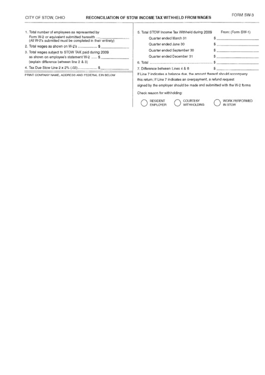 Form Sw-3 - Reconciliation Of Stow Income Tax Withheld From Wages - State Of Ohio Printable pdf