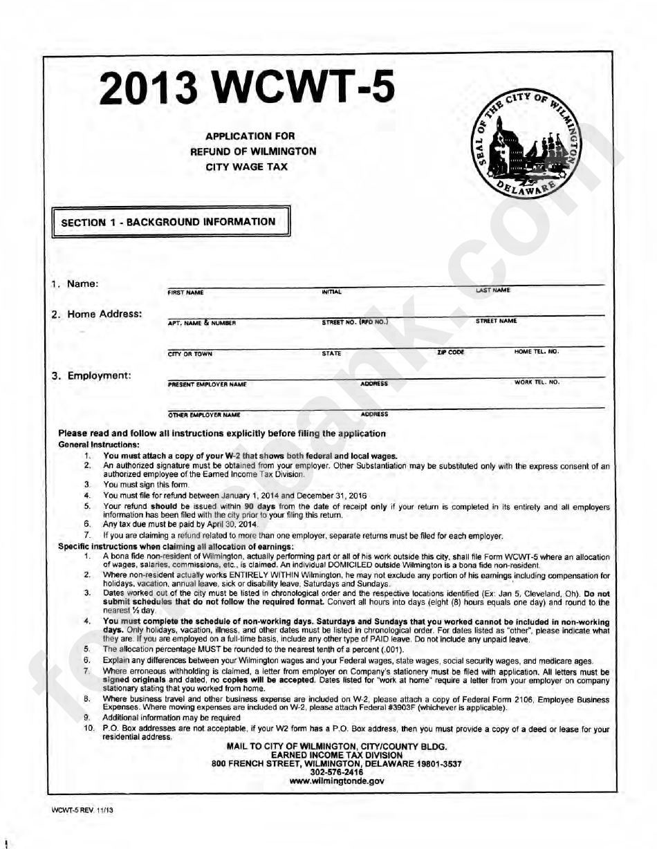 Form Wcwt-5 - Application For Refund Of Wilmington City Wage Tax - 2013