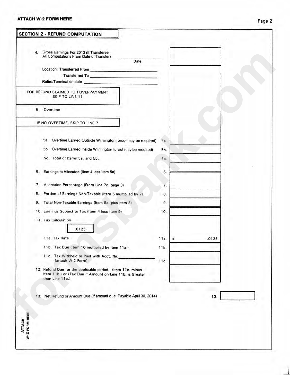Form Wcwt-5 - Application For Refund Of Wilmington City Wage Tax - 2013