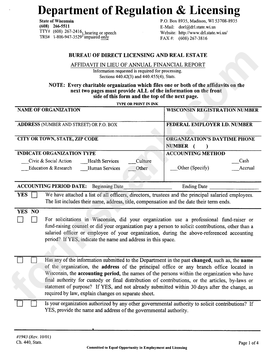 Affidavit In Lieu Of Annual Financial Report - Wisconsin Department Of Regulation And Licensing