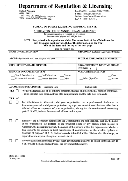 Affidavit In Lieu Of Annual Financial Report - Wisconsin Department Of Regulation And Licensing Printable pdf