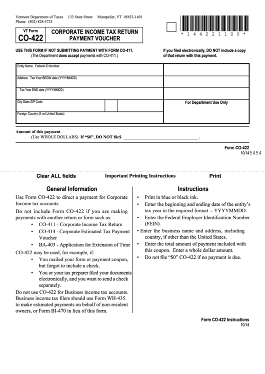 Fillable Vt Form Co-422 - Corporate Income Tax Return Payment Voucher Printable pdf