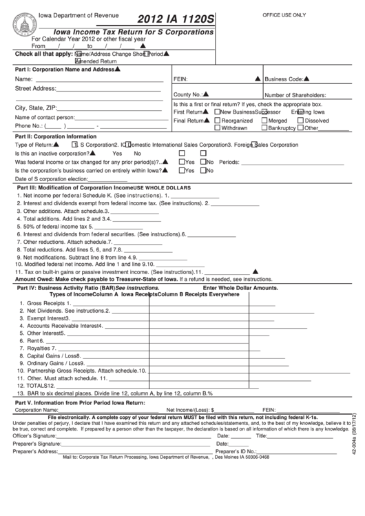 Form Ia 1120s - Iowa Income Tax Return For S Corporations - 2012 Printable pdf