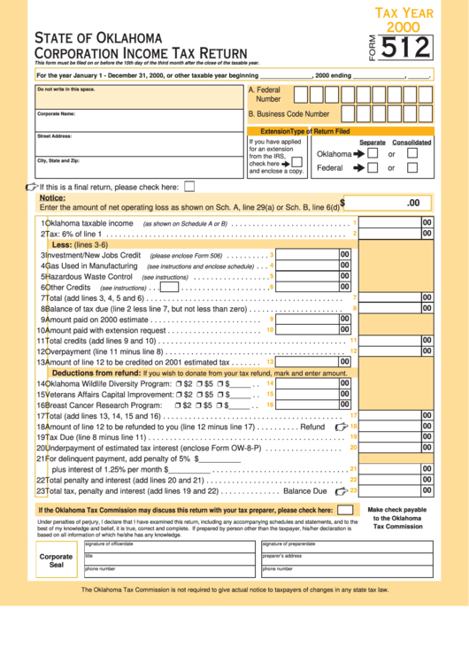 Form 512 - Corporation Income Tax Return - 2000 Printable pdf