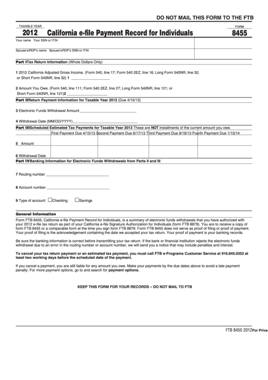 Form 8455 - California E-File Payment Record For Individuals - 2012 Printable pdf