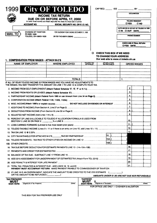 City Of Toledo Income Tax Return - 1999 Printable pdf